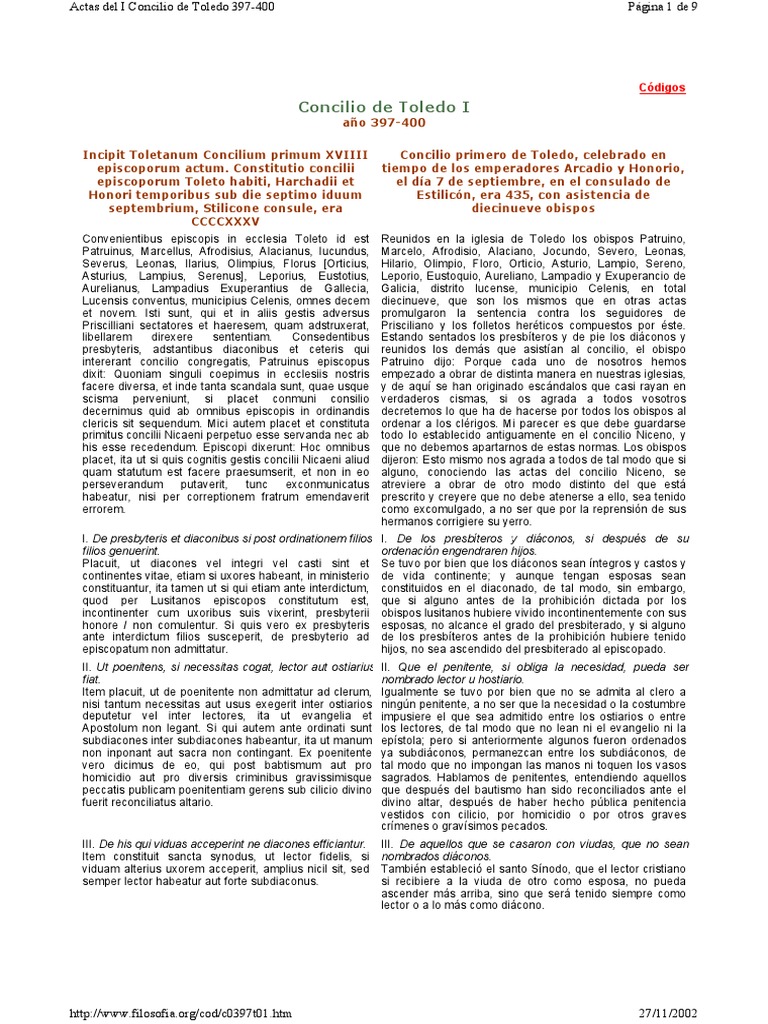 Actas Del I Concilio de Toledo. Del Año 397 Al 400 PDF Diácono