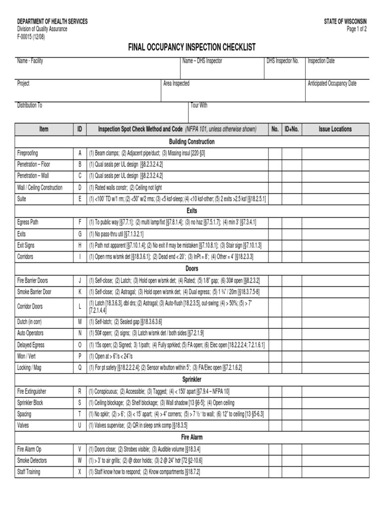 Wisconsin Health Facility Inspection Checklist | PDF | Fire Protection ...