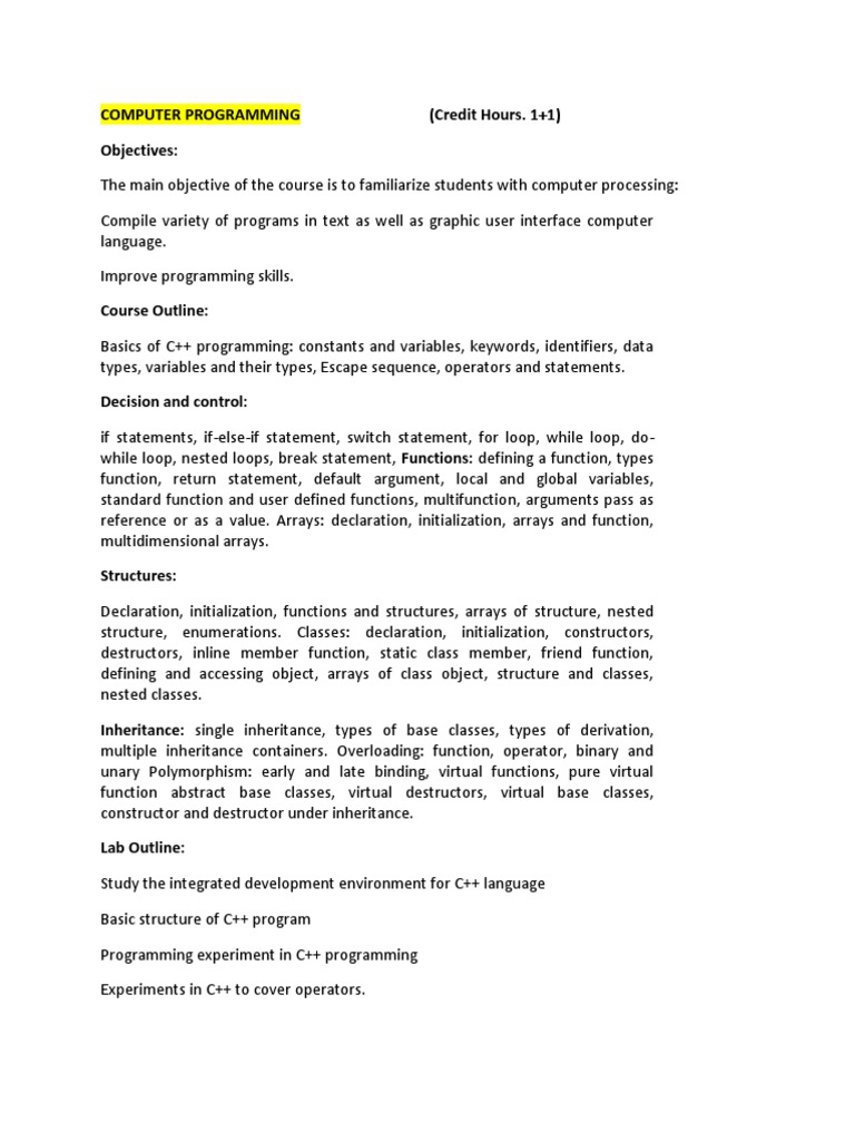 Computer Programming (Credit Hours. 1+1) Objectives | PDF