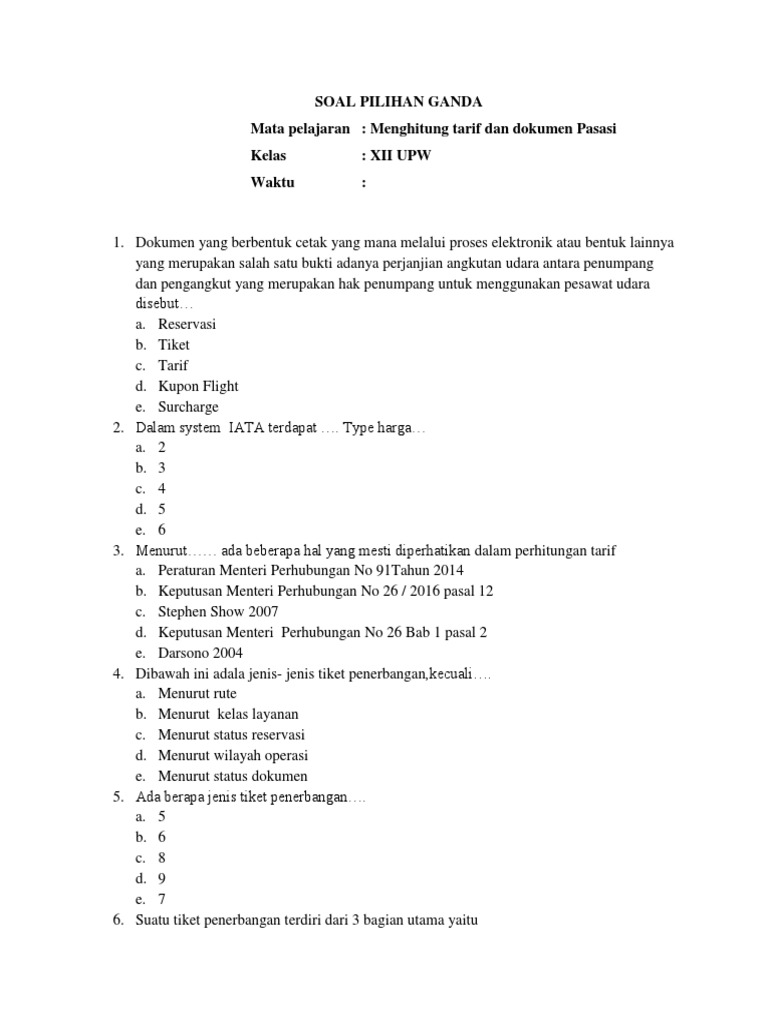 Soal Menghitung Tarif Dan Dok Pasasi Xii Upw