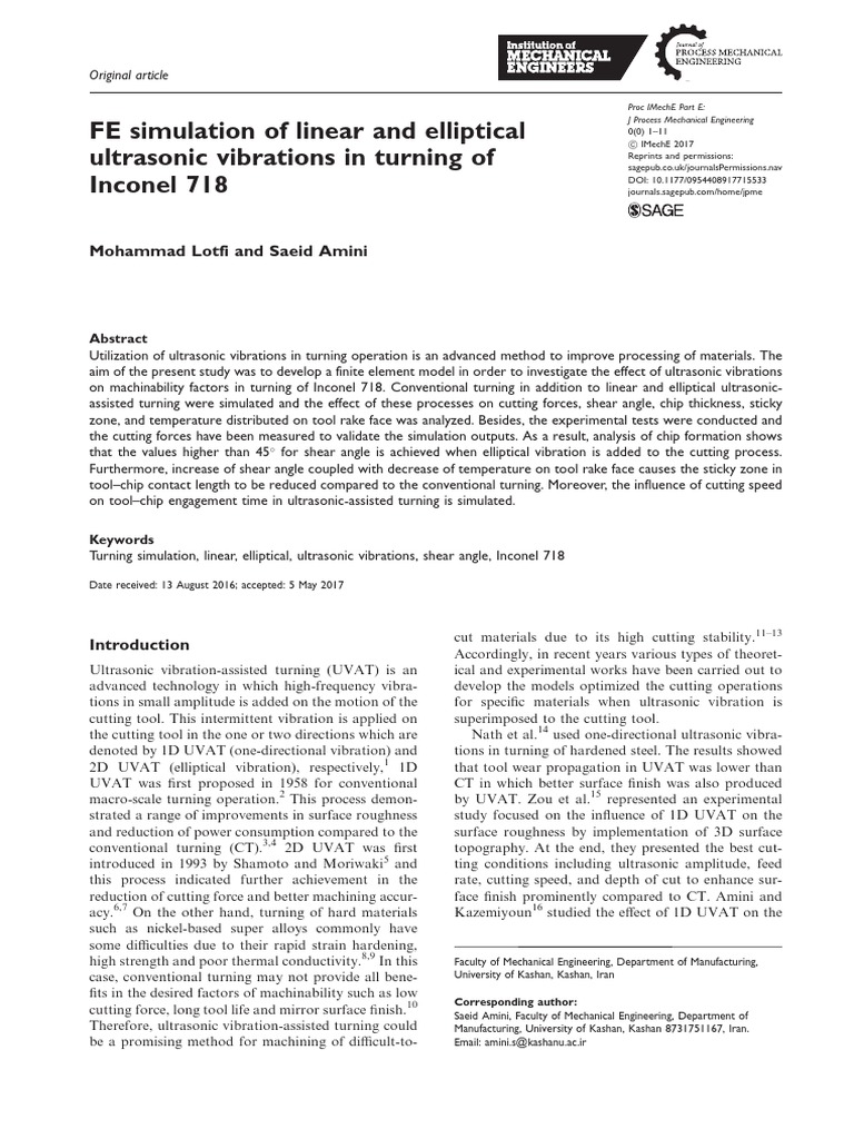Ultrasonic Vibration in Inconel 718 Turning | PDF | Deformation ...