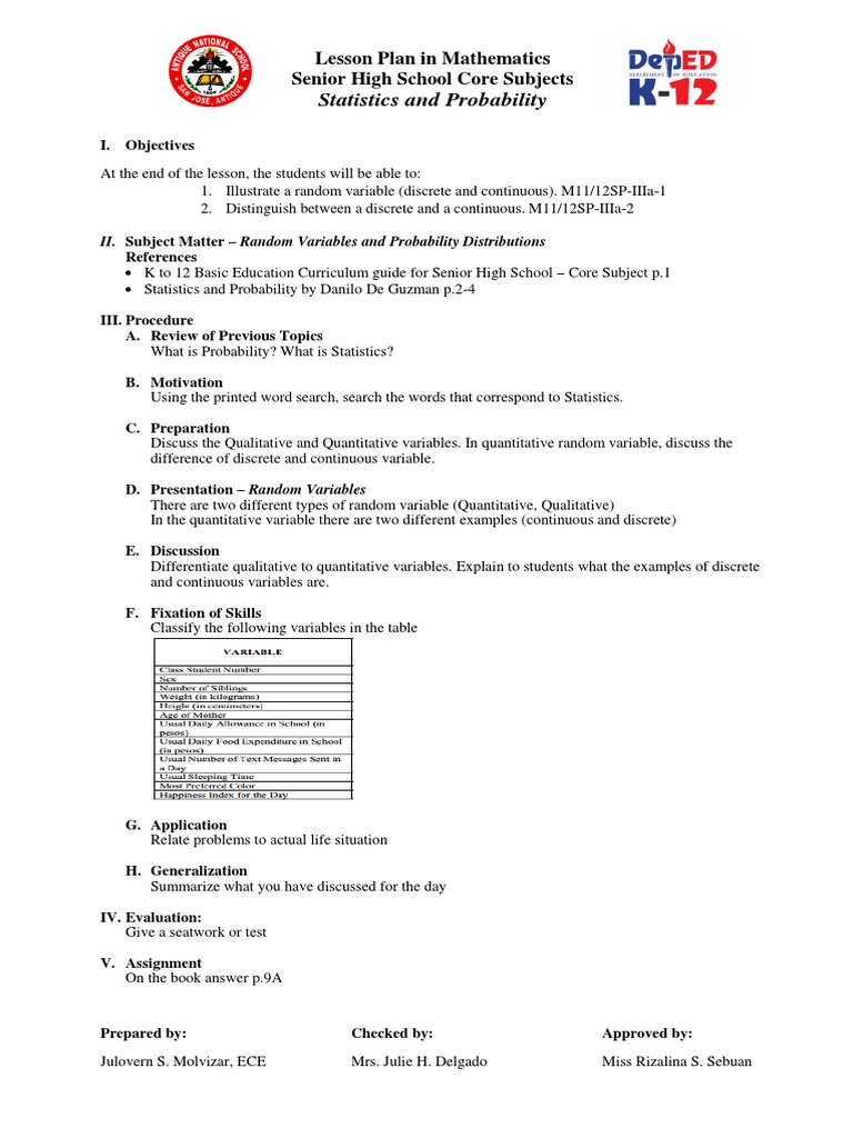 Lesson Plan in Statistics | PDF | Probability Distribution | Random ...