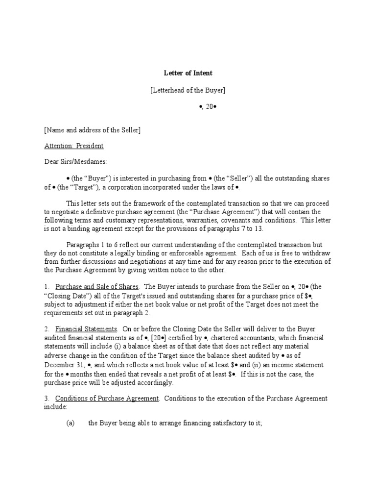 Letter of Intent Mergers And Acquisitions Financial Transaction