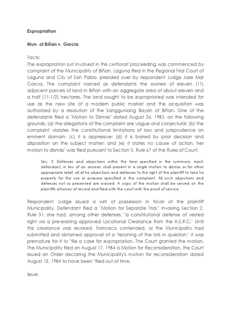 Biñan Expropriation Case Ruling | PDF | Complaint | Eminent Domain