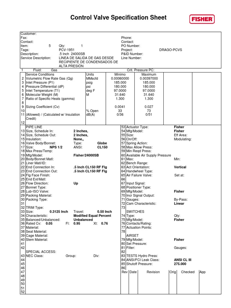 Control Valve Specification Sheet Fisher 2 Inches, Fisher 2 Inches