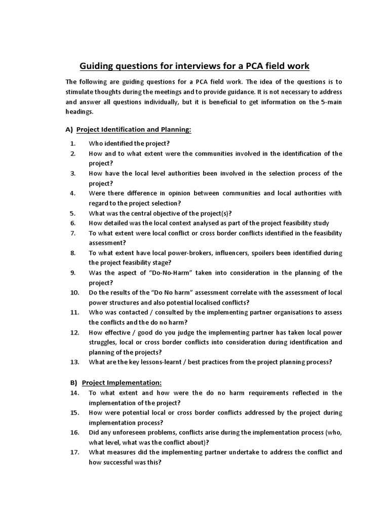 Guiding Questions For Interviews For PCA Field Work PDF Peace Peacebuilding
