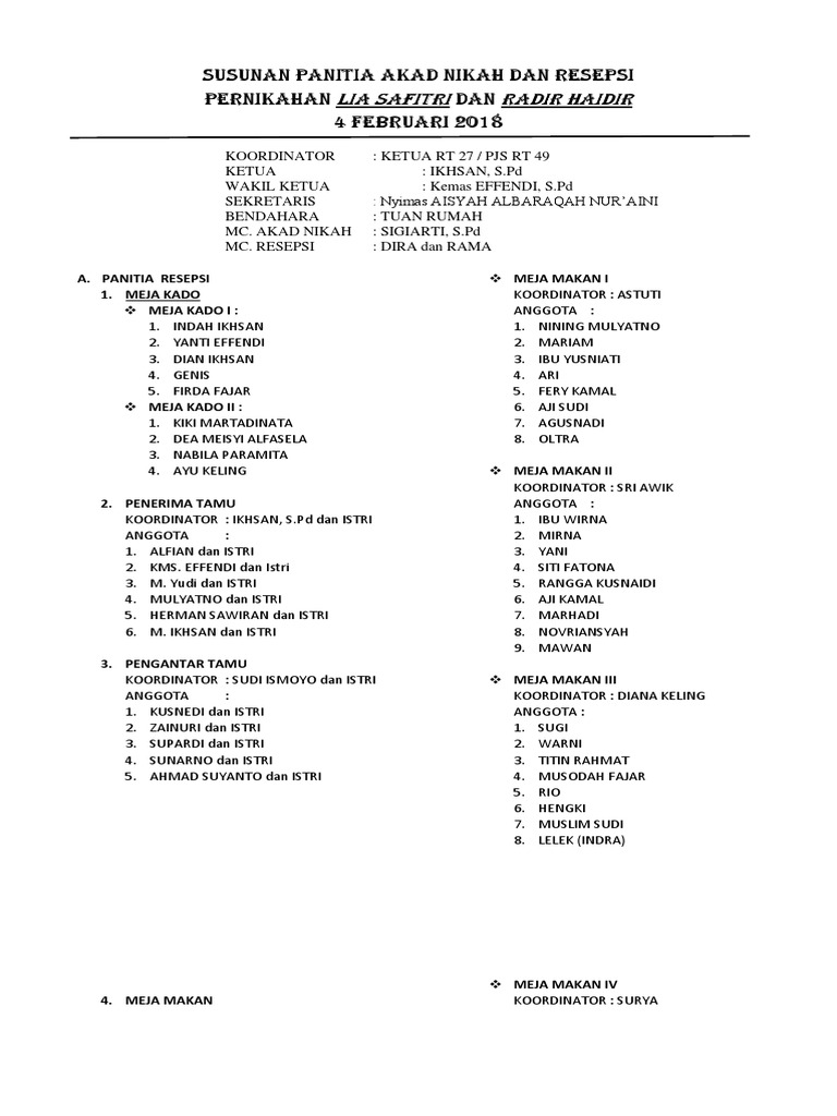 Susunan Panitia Akad Nikah Dan Resepsi | PDF
