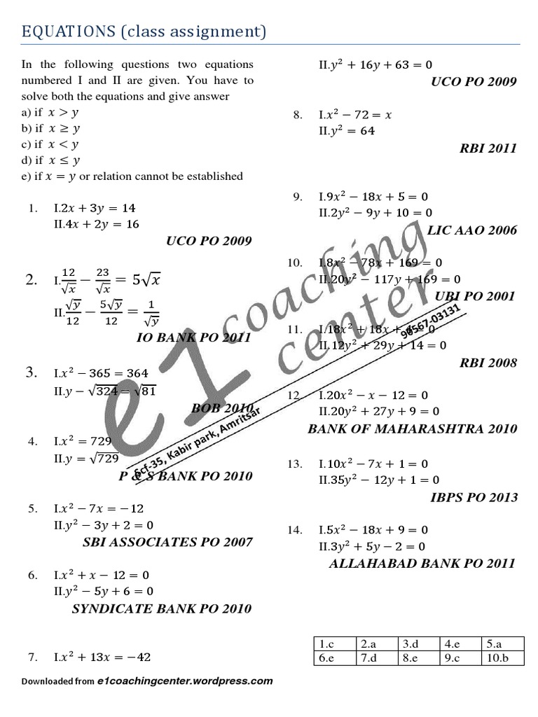 EQUATIONS (Class Assignment) : UCO PO 2009 | PDF
