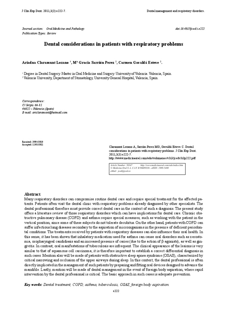 Dental Consideration in Respiratory Disease PDF Asthma Chronic