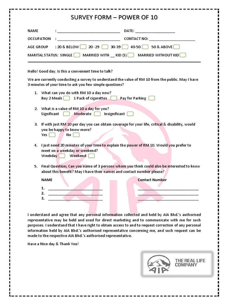 RM 10 Value Survey Form | PDF