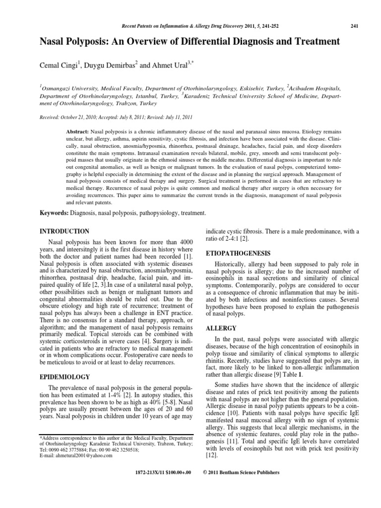 Nasal Polyposis An Overview of Differential Diagnosis and Treatment