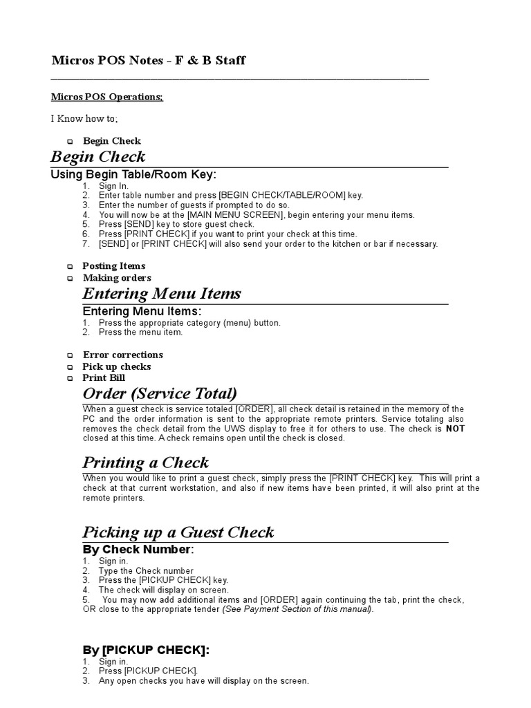 Micros POS Training Guide for Staff | PDF | Menu | Point Of Sale