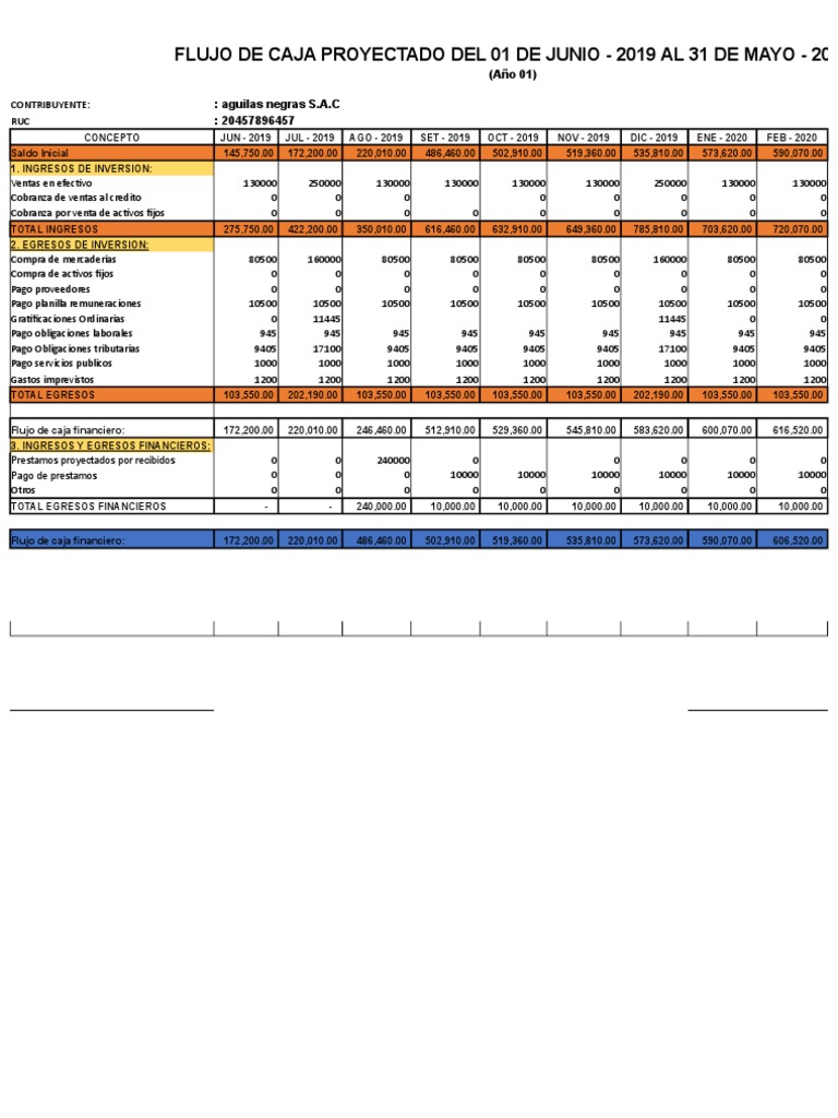 Flujo de Caja Proyectado de La Empresa Aguilas S.A.C | PDF | Economias ...