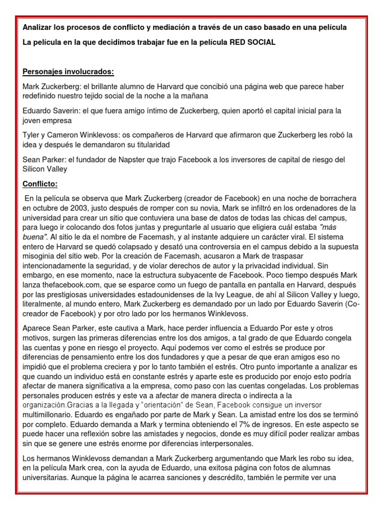 Conflictos en la creación de Facebook | PDF | Facebook | Mediación