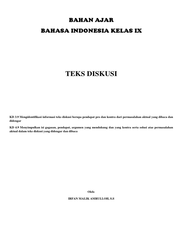 Bahan Ajar Kelas Ix Teks Diskusi 3 9 Dan 4 9 Irfan Malik