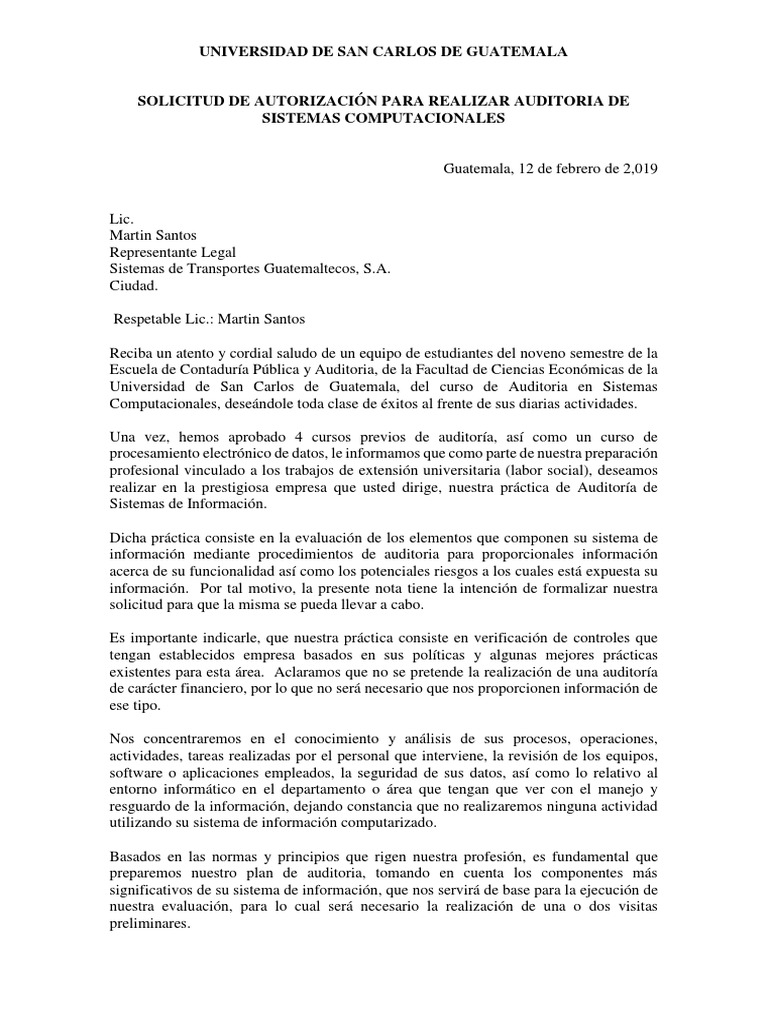 Carta Solicitud De Practica De Auditoria Auditoria Guatemala