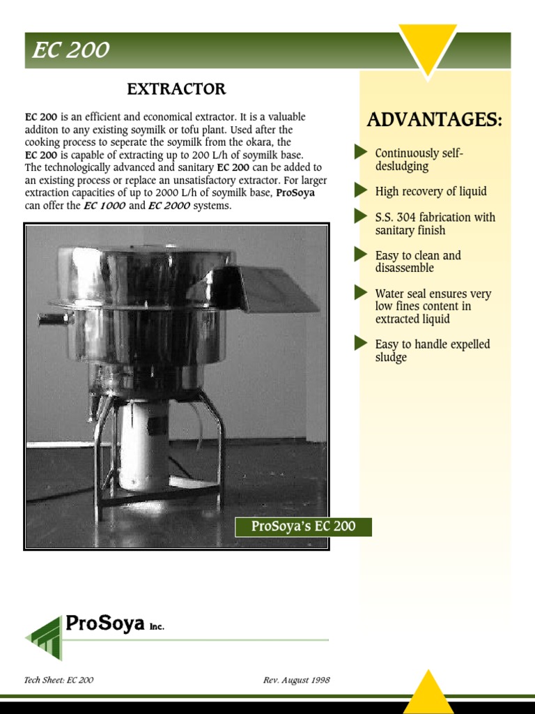 ProSoya EC 200 Soymilk Extractor | PDF | Pump | Industrial Processes