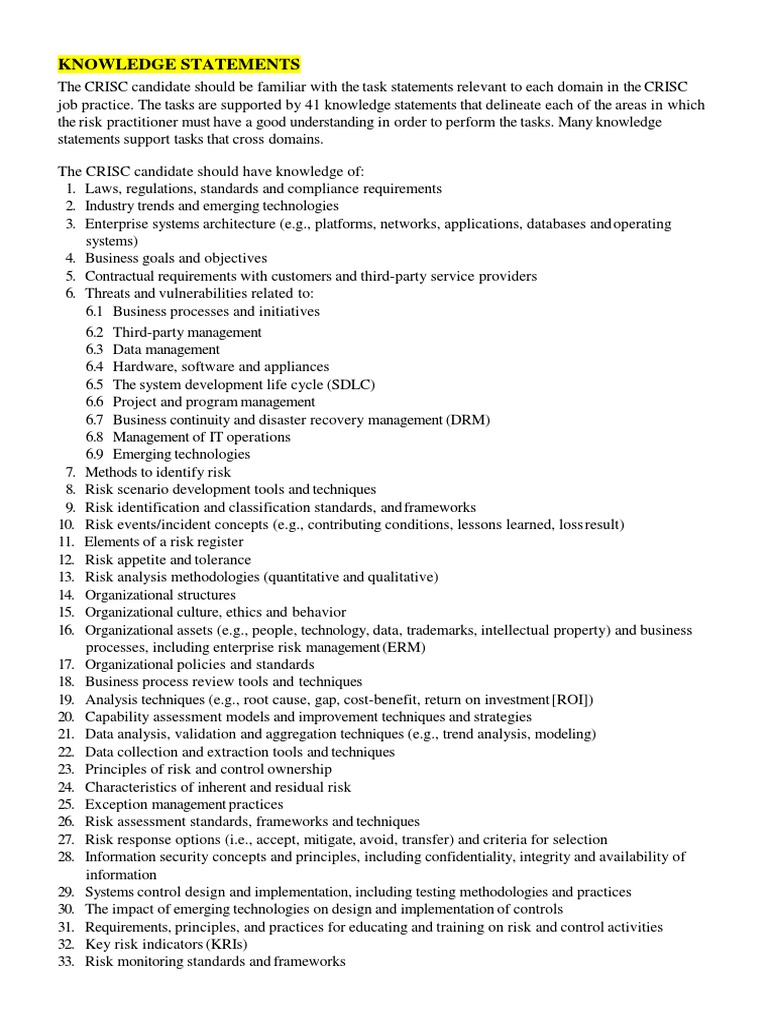 CRISC Knowledge Statements Overview | PDF | Risk Management ...