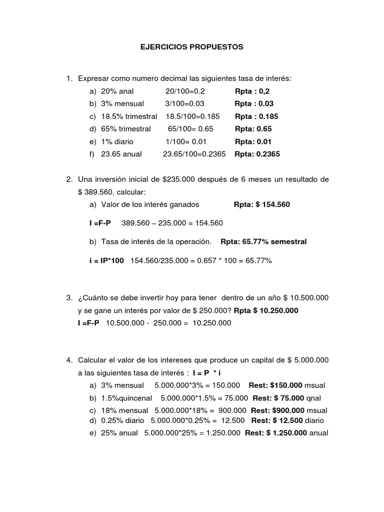 Ejercicios de Matemática Financiera | PDF | Finanzas Matemáticas ...