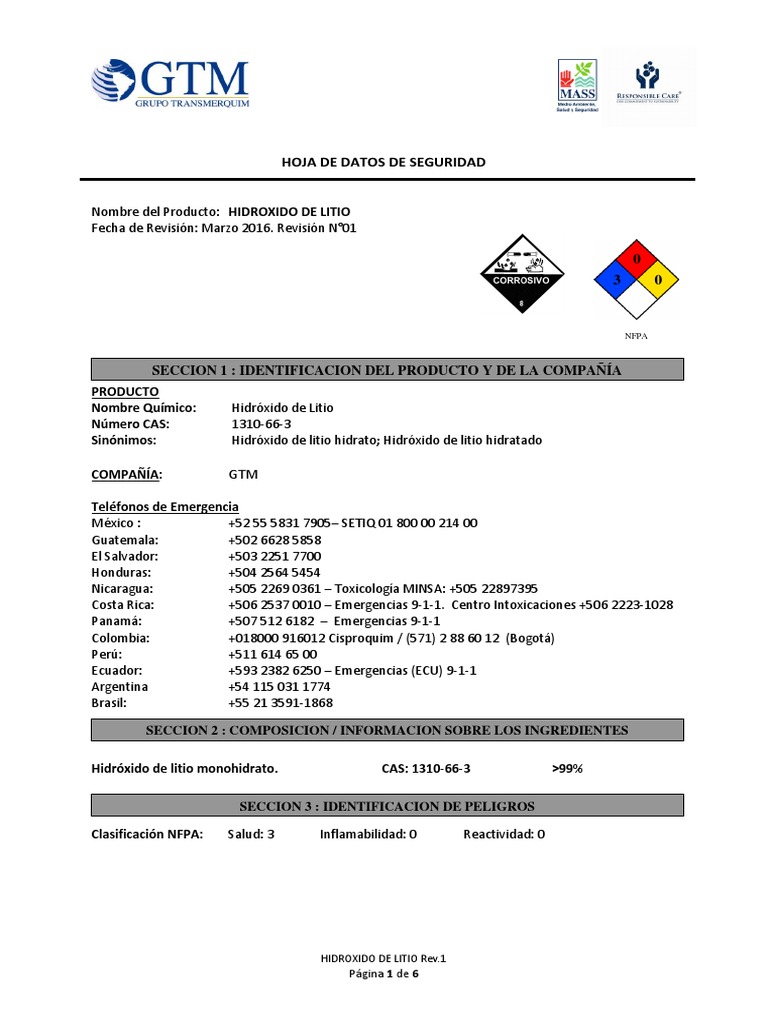 Hidroxido de Litio Ficha | PDF | Aluminio | Oxígeno