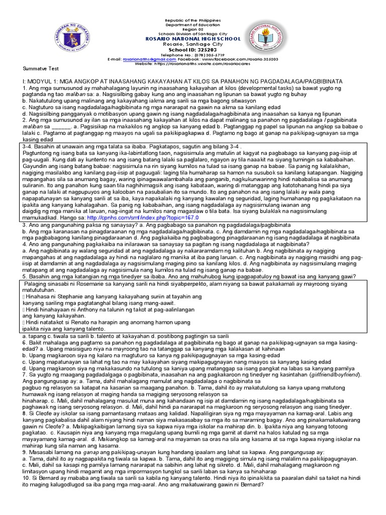 SUmmative Test ESP 7 1st Quarter | PDF