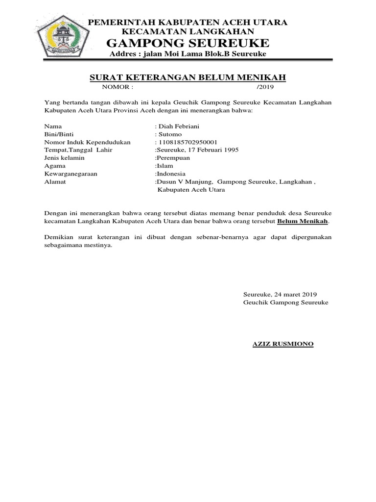 Contoh Surat Keterangan Belum Menikah | PDF