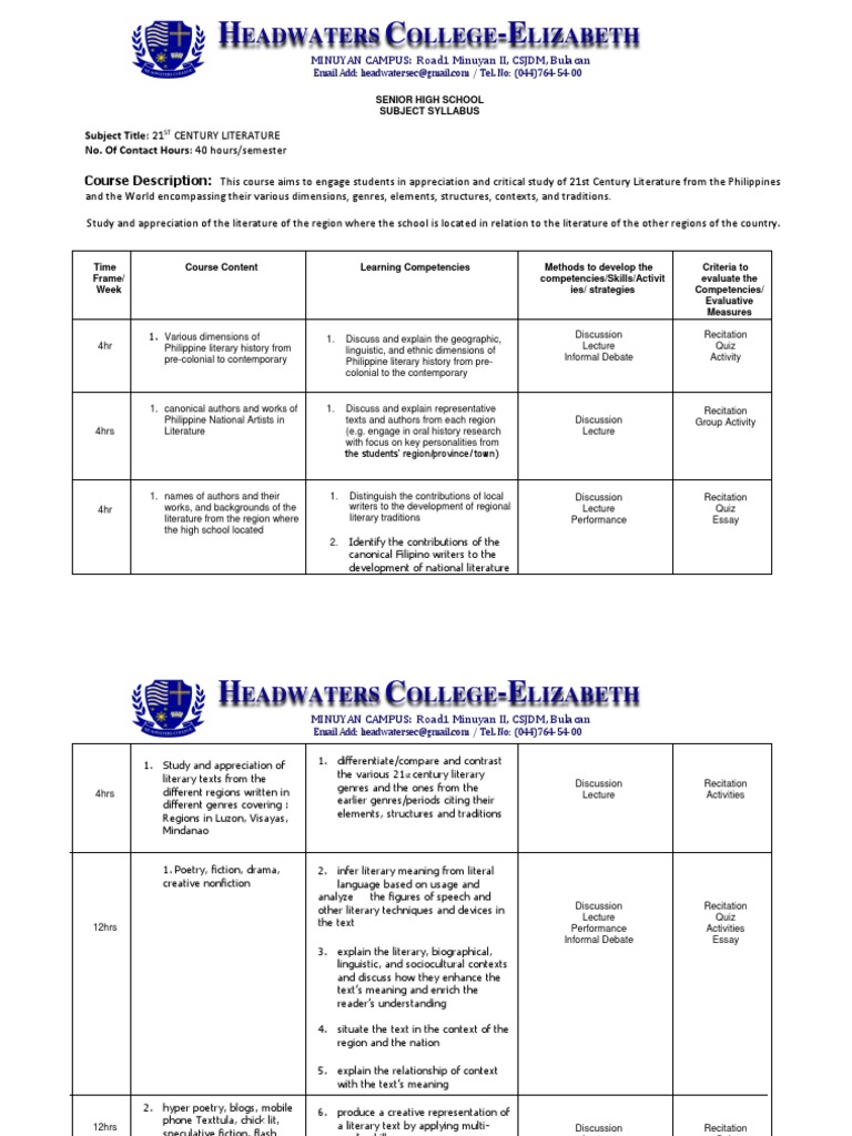 Syllabus 21st Century Literature Lecture Genre