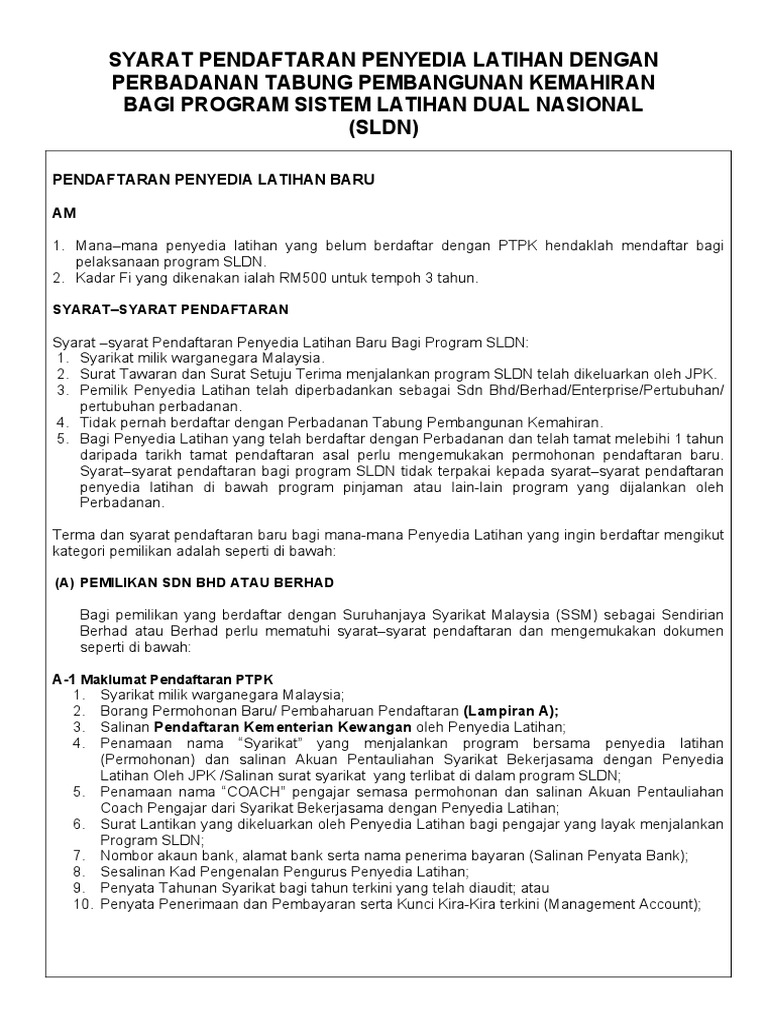 Borang Permohonan Pendaftaran Penyedia Latihan Bagi Program Sldn Ptpk Pdf
