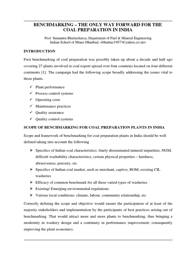 Bench Marking For Coal Preparation Coal Water