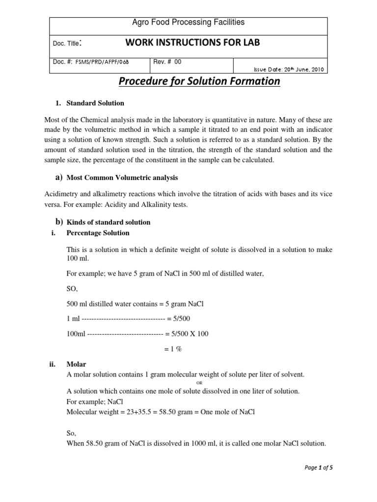 Lab Work Instructions for Standard Solutions | PDF | Solution | Titration