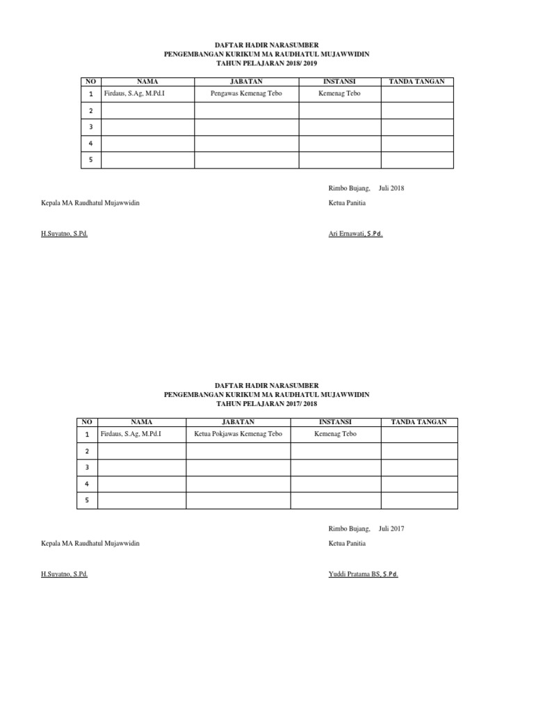 Daftar Hadir Narasumber | PDF