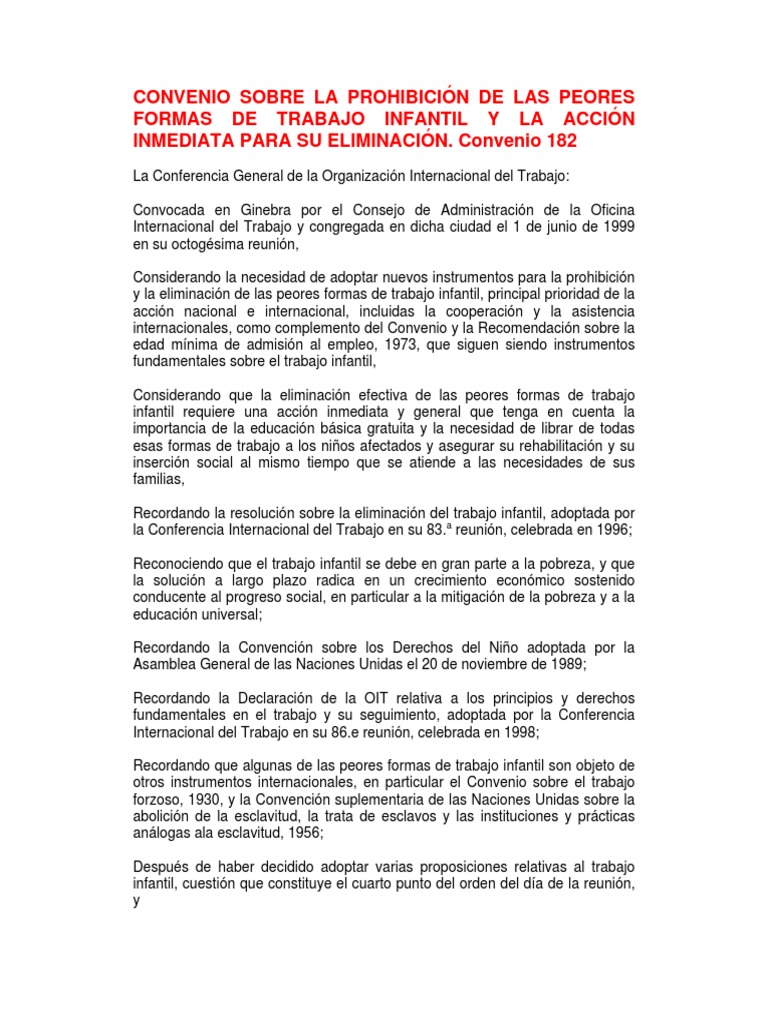 Convenio Sobre La Prohibicion de Las Peores Formas de Trabajo Infantil ...