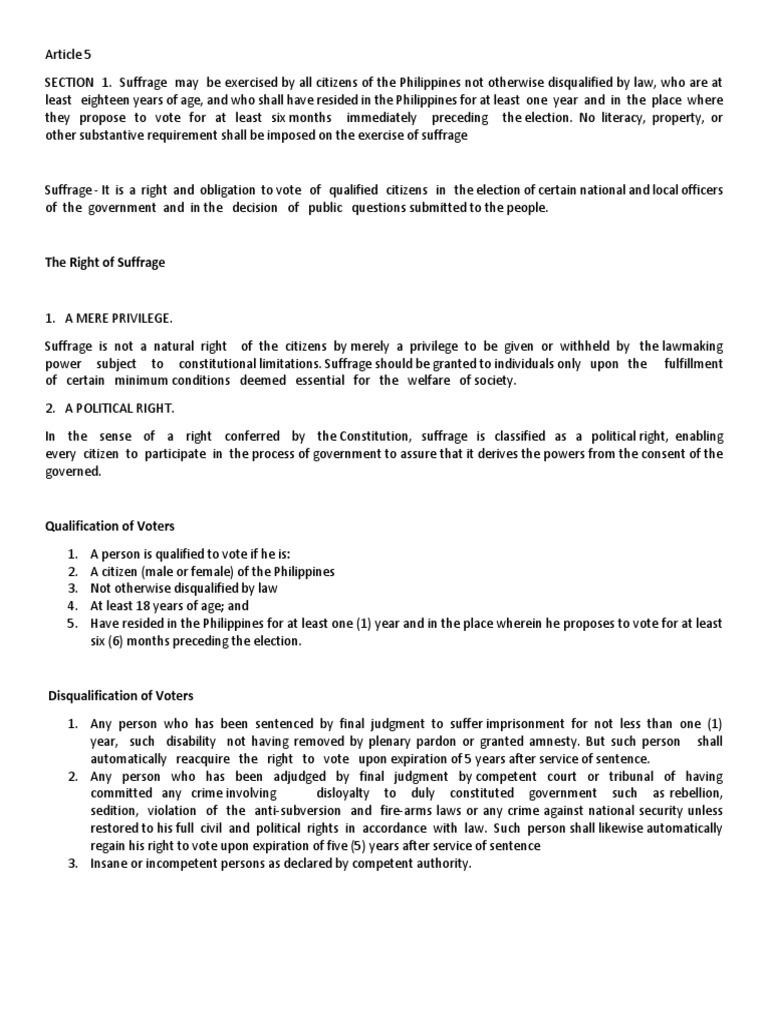 Article 5: Right to Suffrage in the Philippines | PDF | Suffrage ...