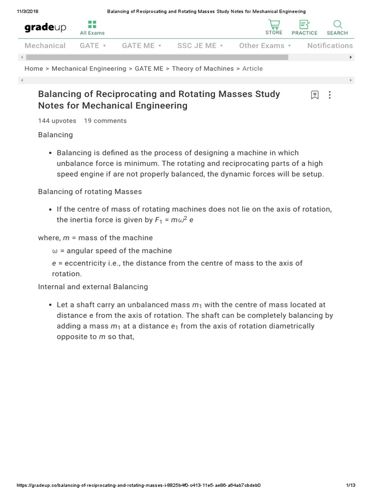 Balancing of Reciprocating and Rotating Masses Study Notes For