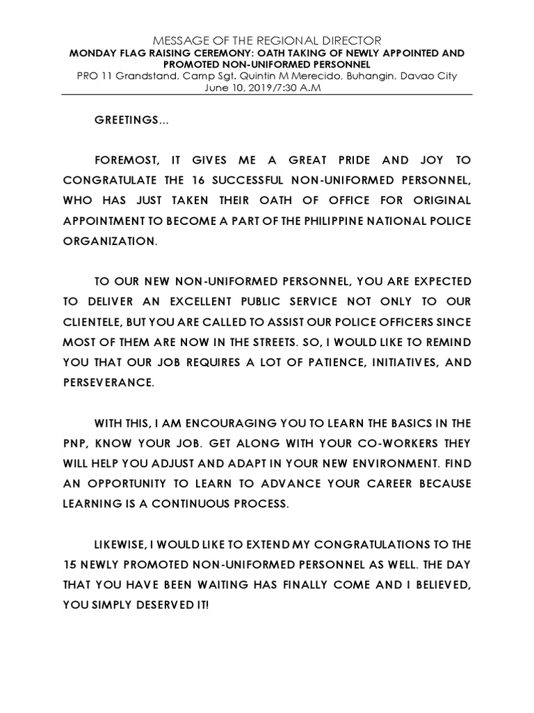 Proposed Message Of Drda Monday Flag Raising Ceremony Edited