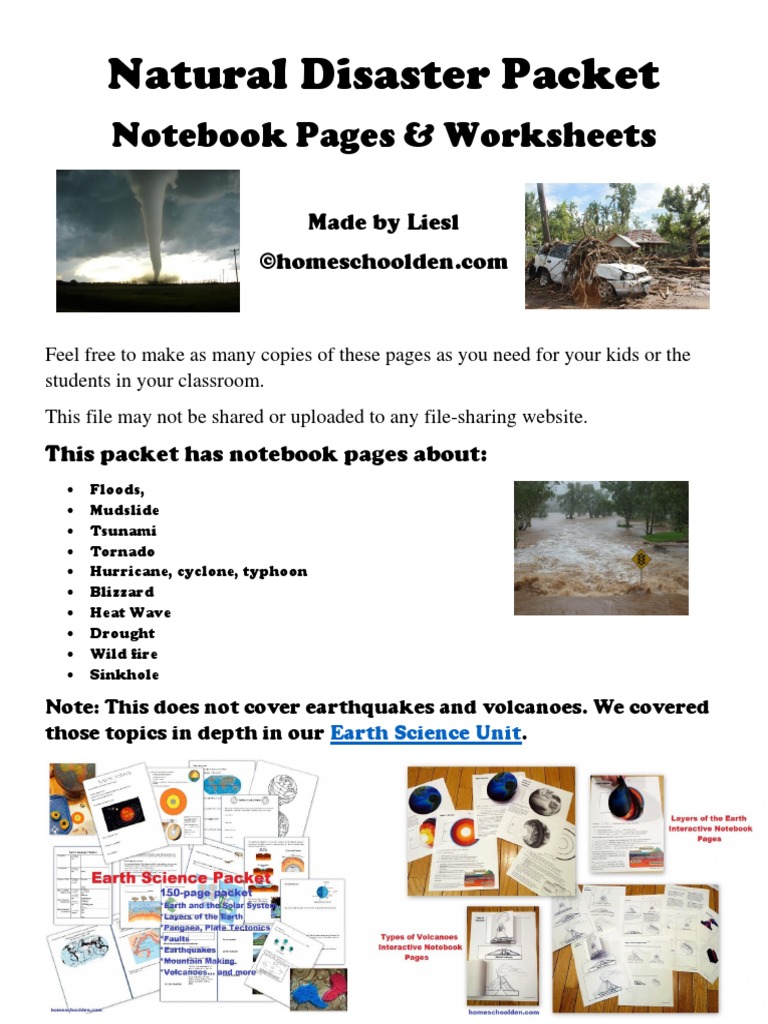 natural disaster worksheets notebook pages and hands on activities