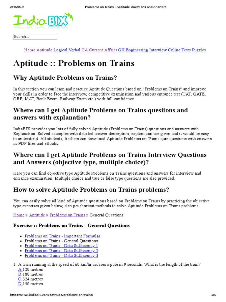 Problems On Trains - Aptitude Questions and Answers | PDF | Multiple ...