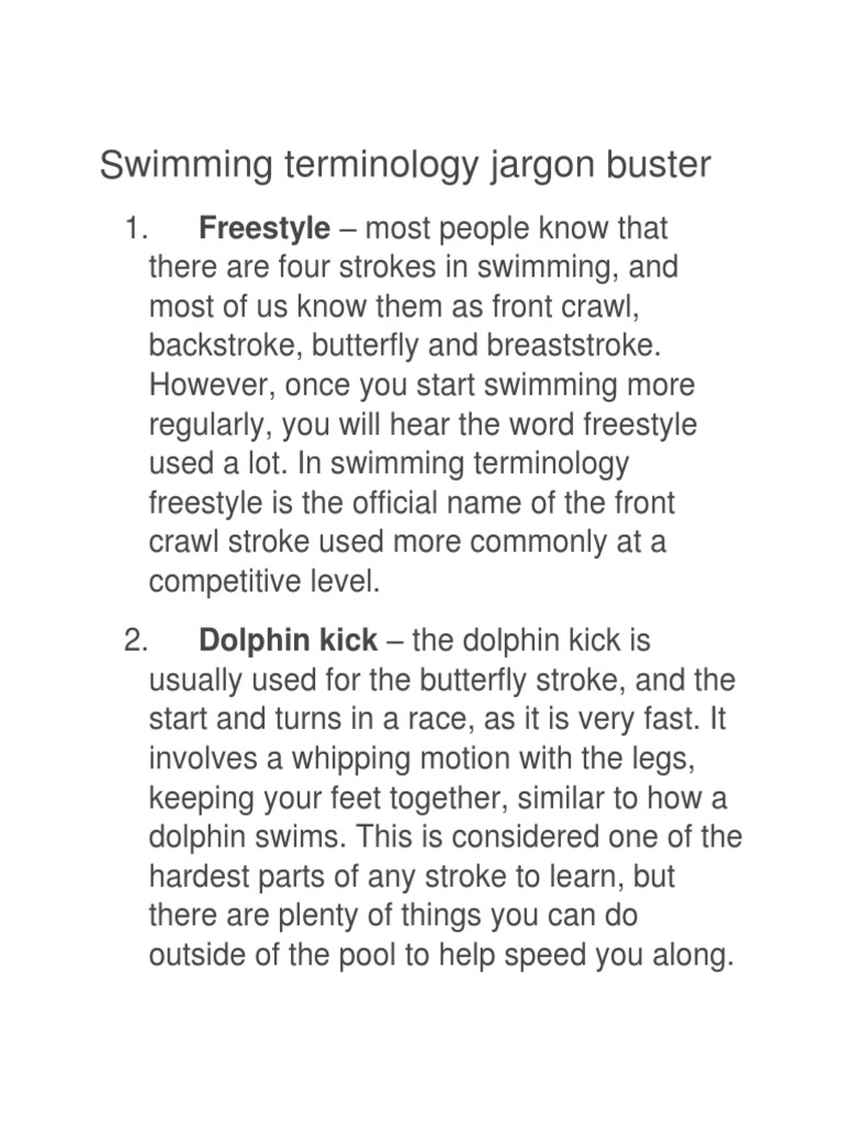 Swimming Terminology Jargon Buster Freestyle PDF Swimming (Sport