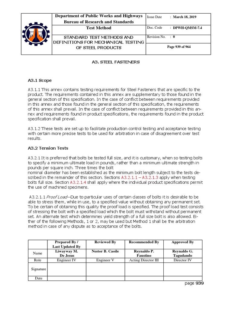 Steel Fasteners Mechanical Testing Standards | PDF | Screw | Wire
