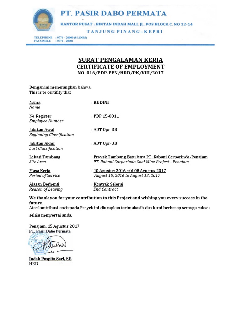 Surat Pengalaman Kerja Docx