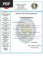 Certificate of Residency: Office of The Punong Barangay