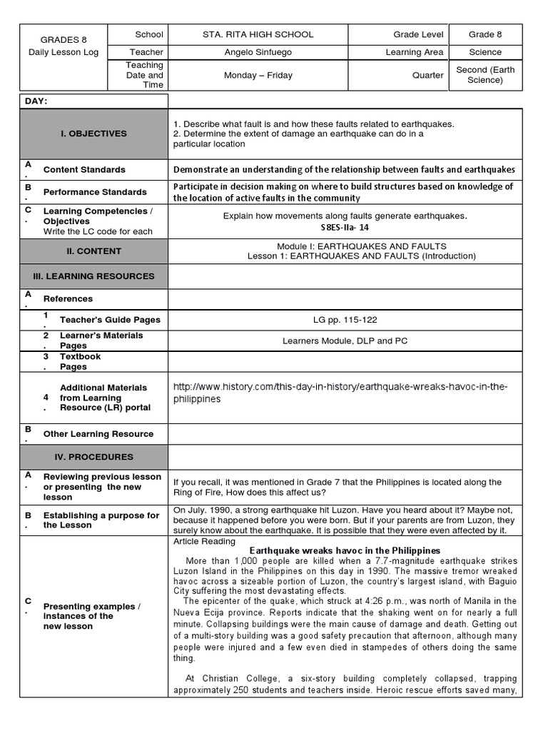 Grade 8 Earthquake Lesson Plan | PDF | Earthquakes | Teachers