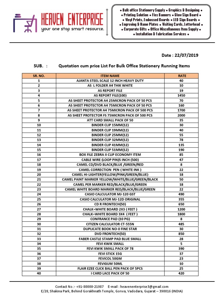 Date: 22/07/2019 SUB.: Quotation Cum Price List For Bulk Office ...