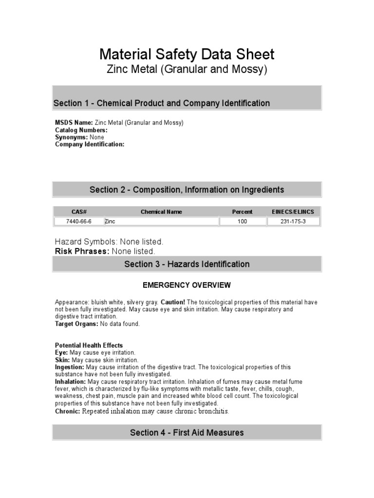 Zinc Metal Msds Safety Occupational Safety And Health
