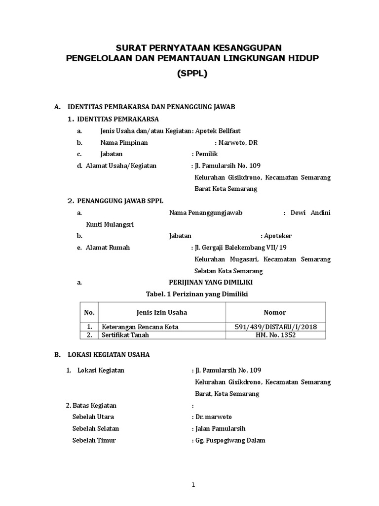 SPPL Pengelolaan Lingkungan Apotek | PDF