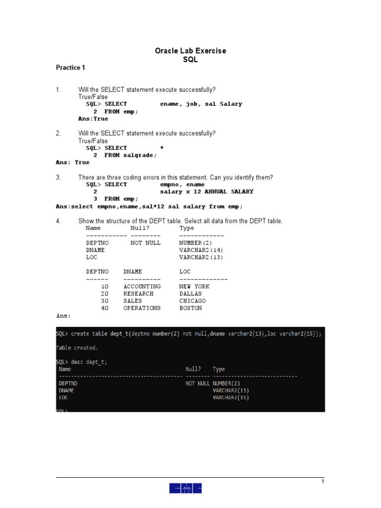 Oracle Lab Exercise SQL: Practice 1 | PDF | Data Management | Computer ...
