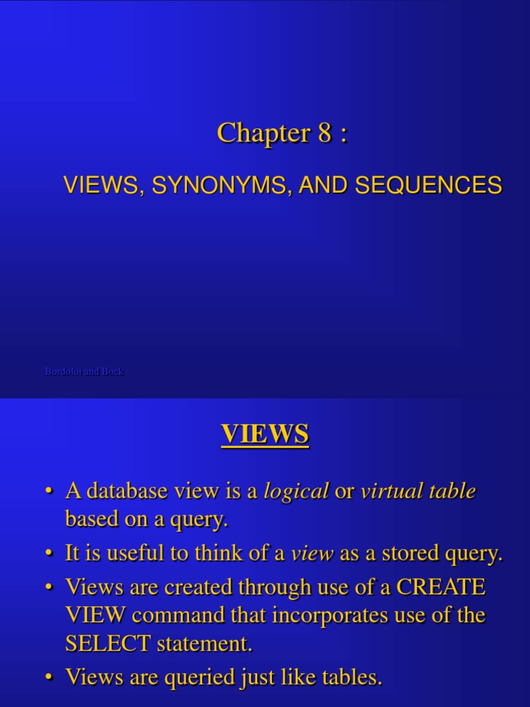 Views, Synonyms, and Sequences PDF Table (Database) Computer Data