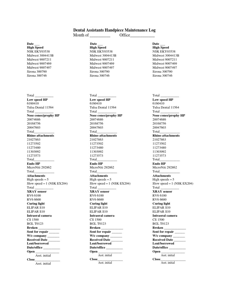 Month of Office Dental Assistants Handpiece Maintenance Log PDF
