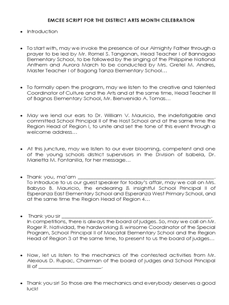 Emcee Script for Arts Month Celebration | PDF