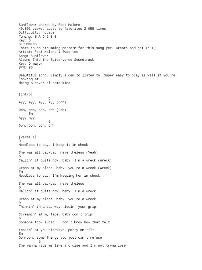 Post Malone Sunflower Chords Spiderman Into The Spider Verse Pdf